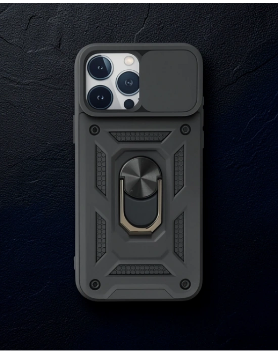 Apple İphone 15 Pro Max Kılıf Pars Lens Yüzüklü Silikon - Siyah