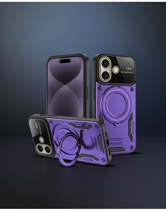 Apple İphone 16 Kılıf Joy Lens Standlı Kapak - Mor