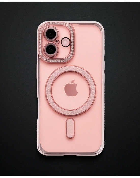 Apple İphone 16 Plus Kılıf Joke Simli Magneticsafe Kılıf - Pembe