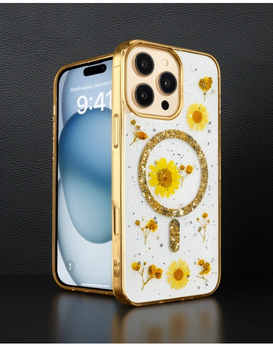 Apple İphone 16 Pro Kılıf Daisy Simli Magsafe Kapak - Gold