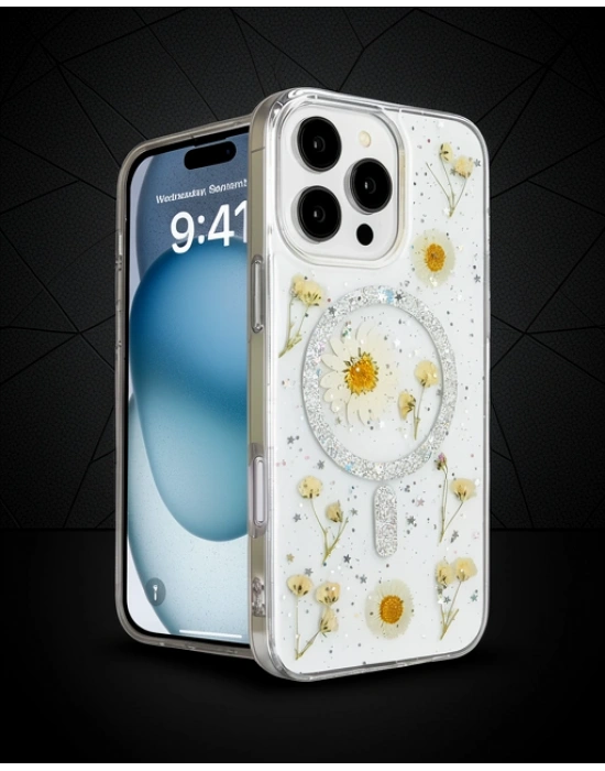 Apple İphone 16 Pro Kılıf Daisy Simli Magsafe Kapak - Gümüş