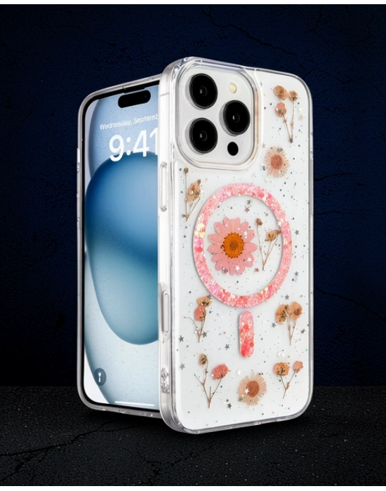 Apple İphone 16 Pro Kılıf Daisy Simli Magsafe Kapak - Pembe