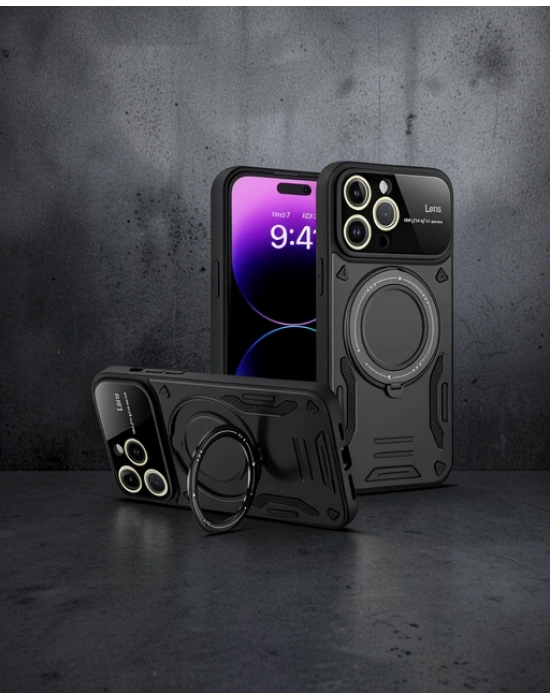 Apple İphone 16 Pro Kılıf Joy Lens Standlı Kapak - Siyah