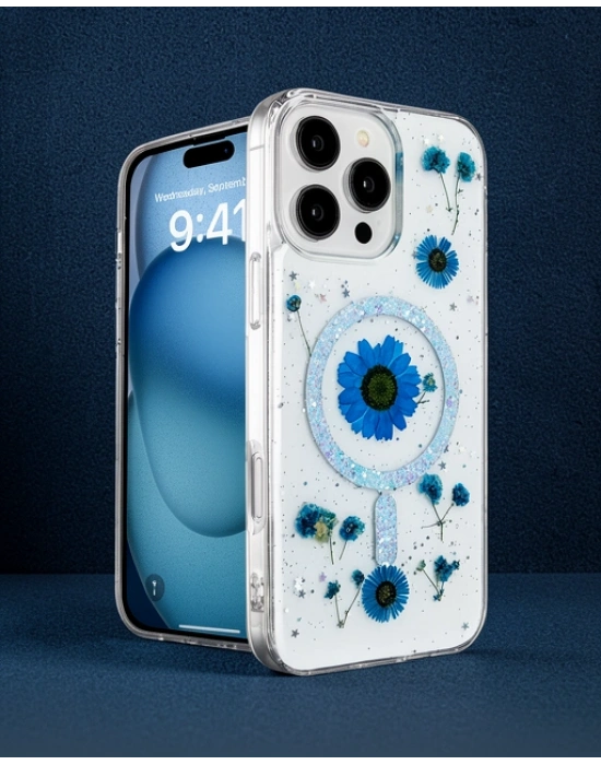Apple İphone 16 Pro Max Kılıf Daisy Simli Magsafe Kapak - Mavi