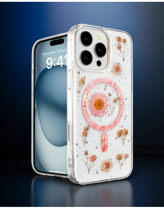 Apple İphone 16 Pro Max Kılıf Daisy Simli Magsafe Kapak - Pembe
