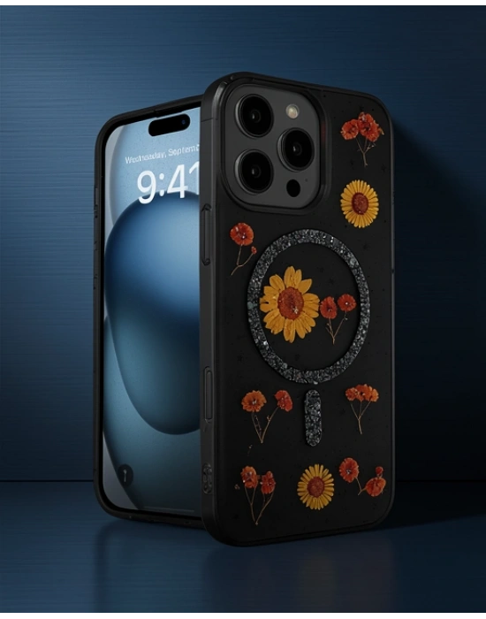 Apple İphone 16 Pro Max Kılıf Daisy Simli Magsafe Kapak - Siyah