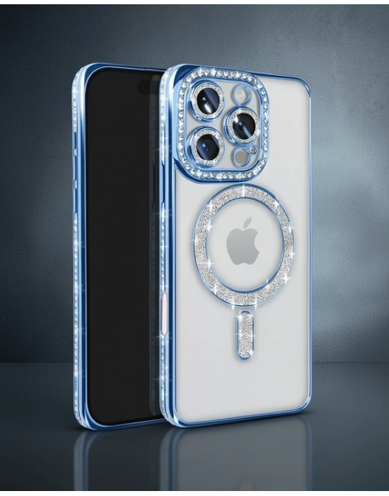 Apple İphone 16 Pro Max Kılıf Joke Simli Magneticsafe Kılıf - Mavi