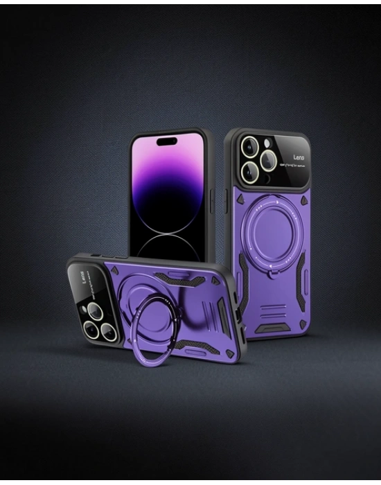 Apple İphone 16 Pro Max Kılıf Joy Lens Standlı Kapak - Mor