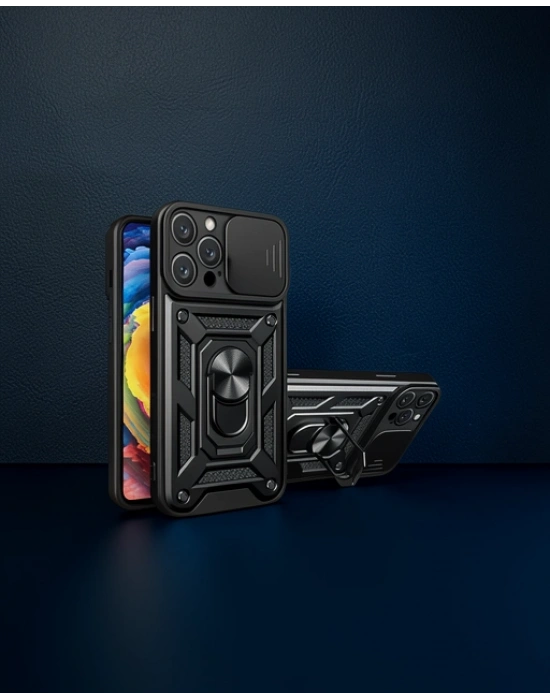 Apple İphone 16 Pro Max Kılıf Pars Lens Yüzüklü Silikon - Siyah
