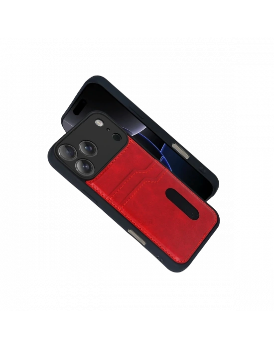 Apple iPhone 17 Pro Max Sara Kartvizitli Deri Kılıf - Kırmızı