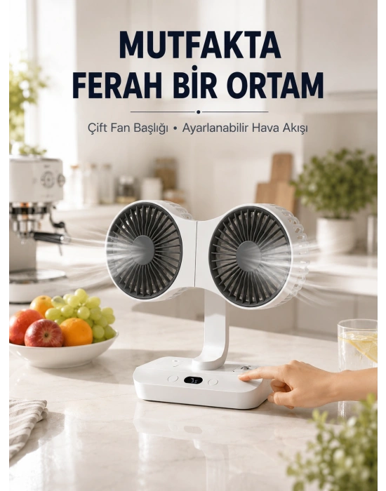 Ayarlanabilir Çift Fan Başlıklı Şarjlı Masa Vantilatörü