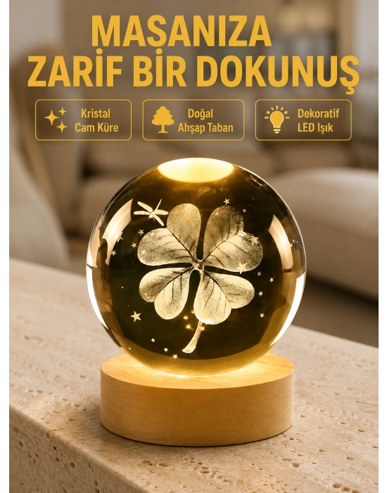 Bitki Temalı LED Işıklı Cam Küre Ahşap Standlı Modern Gece Lambası
