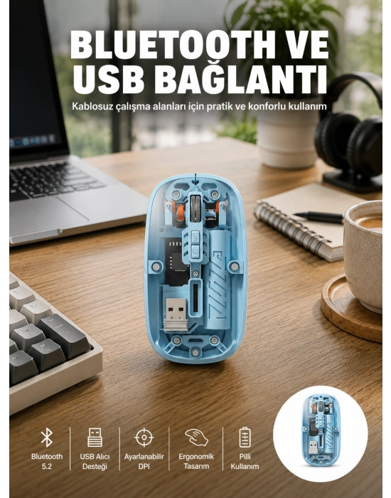 Bluetooth 5.2 Destekli Mavi Pilli Kablosuz Mouse Yeni Nesil