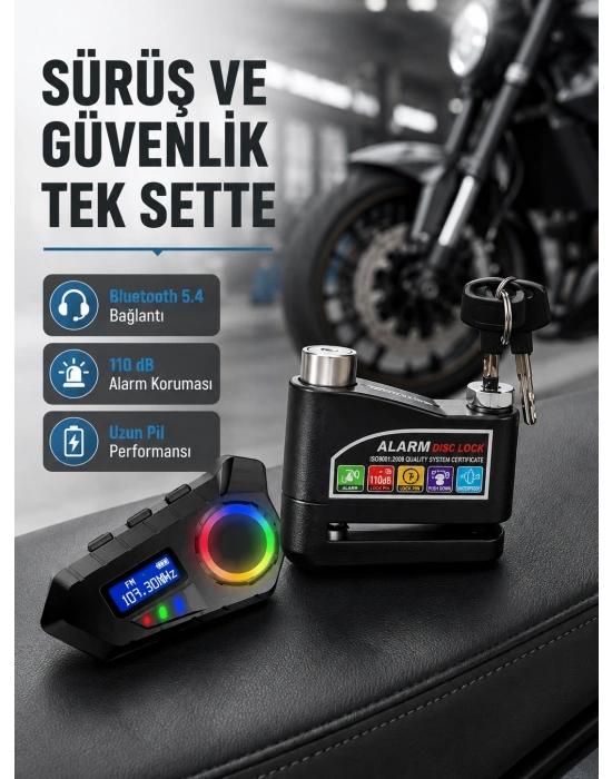 Bluetooth 5.4 İntercom ve Alarmlı Disk Kilidi Seti Güçlü Ses ve Güvenlik