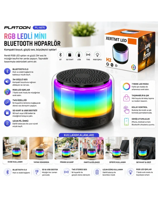 Bluetooth Hoparlör 3W RGB USB/SD Şarjlı