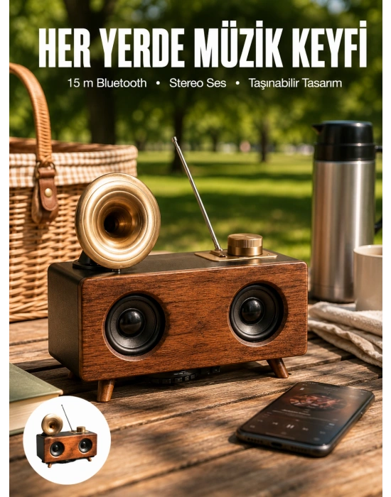 Bluetooth Hoparlör Ahşap Klasik Retro Gramofon Bluetooth Müzik Kutusu