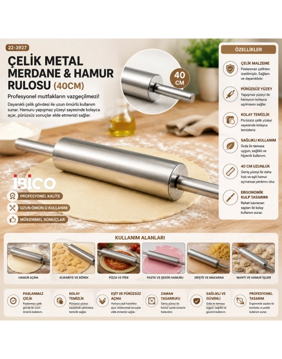 Çelik Hamur Merdane 21 cm (Toplam 40 cm)