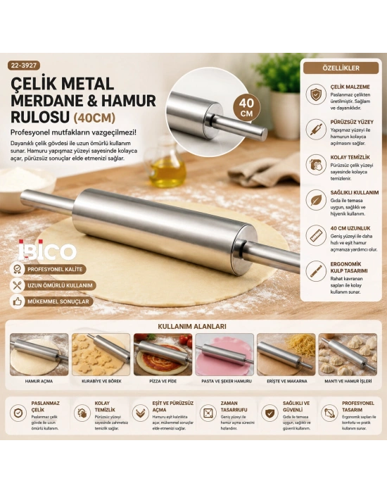 Çelik Metal Merdane - Hamur Rulosu 40CM