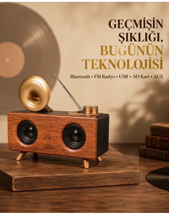 Çift Hoparlörlü Retro Bluetooth Speaker 1800mAh Bataryalı AUX USB SD Kartlı