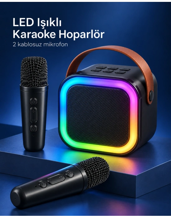 Çift Kablosuz Mikrofonlu LED Işıklı Bluetooth Karaoke Hoparlör Seti