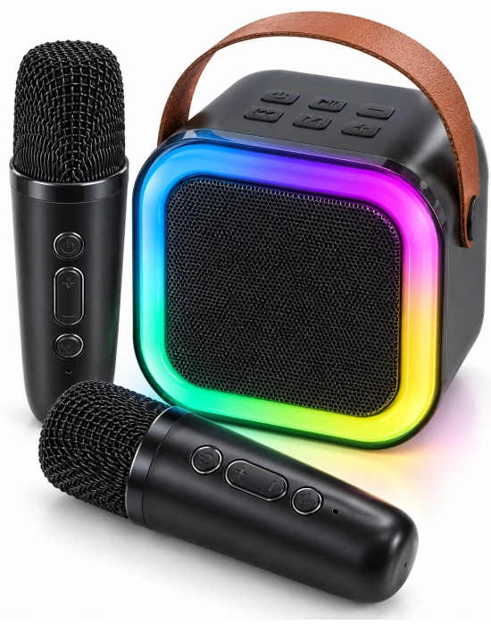 Çift Kablosuz Mikrofonlu LED Işıklı Bluetooth Karaoke Hoparlör Seti
