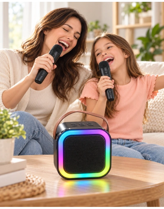 Çift Kablosuz Mikrofonlu LED Işıklı Bluetooth Karaoke Hoparlör Seti