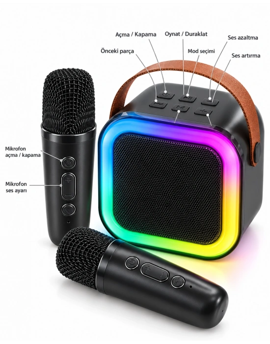 Çift Kablosuz Mikrofonlu LED Işıklı Bluetooth Karaoke Hoparlör Seti