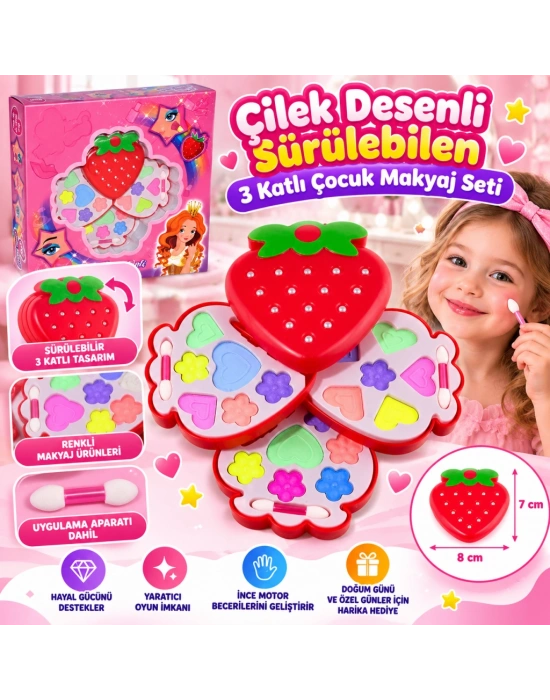 Çilek Desenli Sürülebilen 3 Katlı Çocuk Makyaj Seti