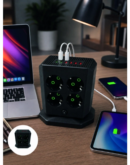 Çoklu Priz 8 Çıkışlı 4 USB 2 Type-C Anahtarlı Dikey Priz Kulesi