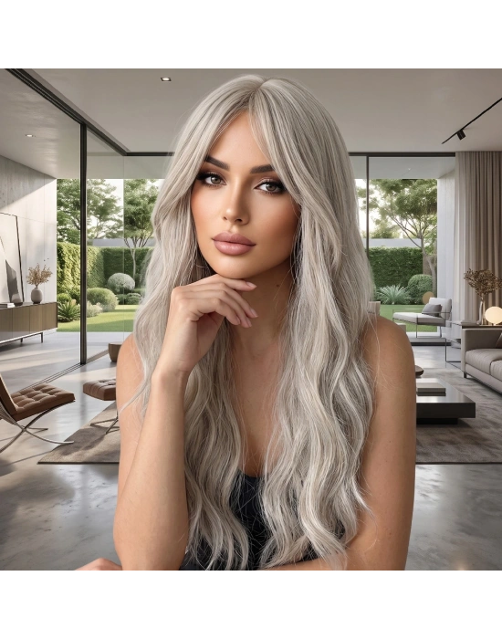 Dalgalı Perçemli Uzun Fiber Sentetik Peruk - Küllü Platin Sarı