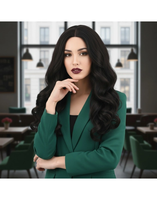 Dalgalı Perçemsiz Uzun Fiber Sentetik Peruk - Kestane