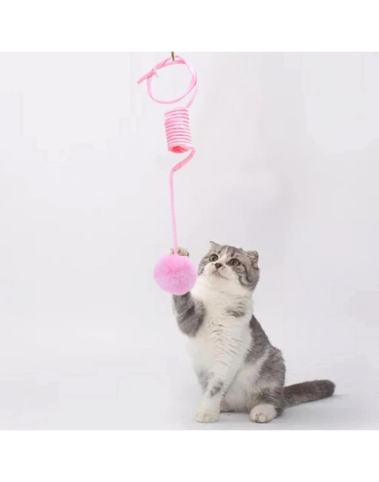 Yaylı Asılabilir Peluş Kedi Oyuncağı - Elastik - Ponponlu Olta