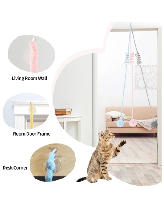 Yaylı Asılabilir Peluş Kedi Oyuncağı - Elastik - Ponponlu Olta