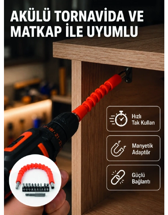 Esnek Bits Uç Seti 12 Parça Manyetik Adaptörlü Matkap Tornavida Aksesuarı