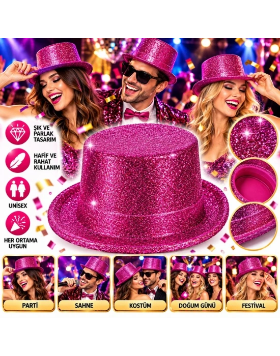 Fuşya Simli Glitter Silindir Parti Şapkası
