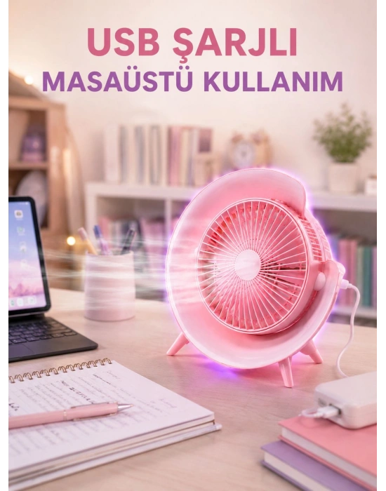 Gece Lambası Özellikli Şarjlı Mini Masaüstü Fan