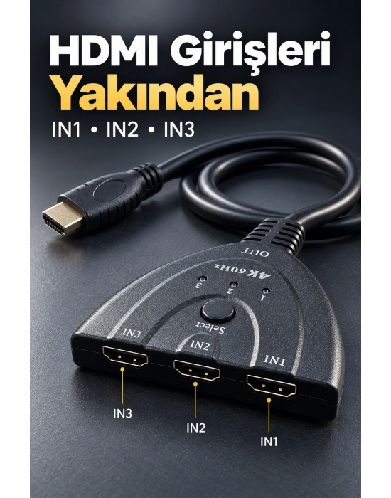 HDMI Switch 3 Giriş 1 Çıkış 4K 60 Hz Seçici