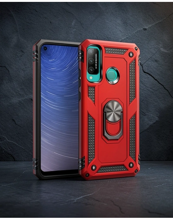 Huawei P40 Lite E Kılıf Sofya Yüzüklü Silikon Kapak - Kırmızı