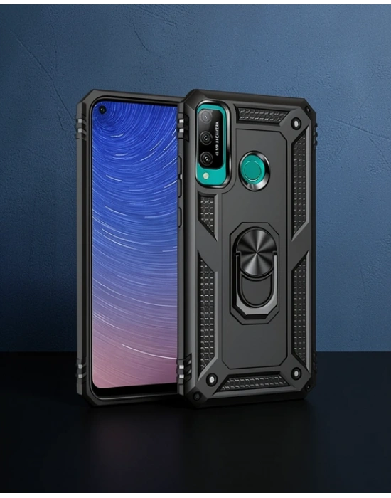 Huawei P40 Lite E Kılıf Sofya Yüzüklü Silikon Kapak - Siyah