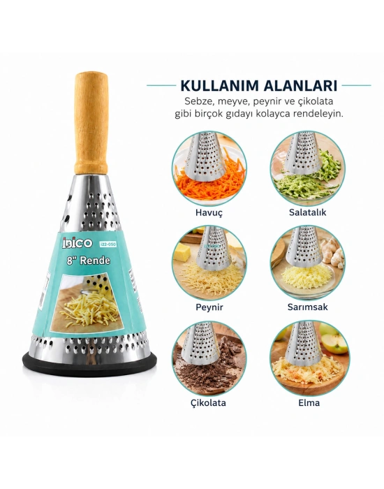 Huni Model Rende - 3 Bölümlü - Paslanmaz Çelik - Ahşap Bambu Saplı - Silikon Taban