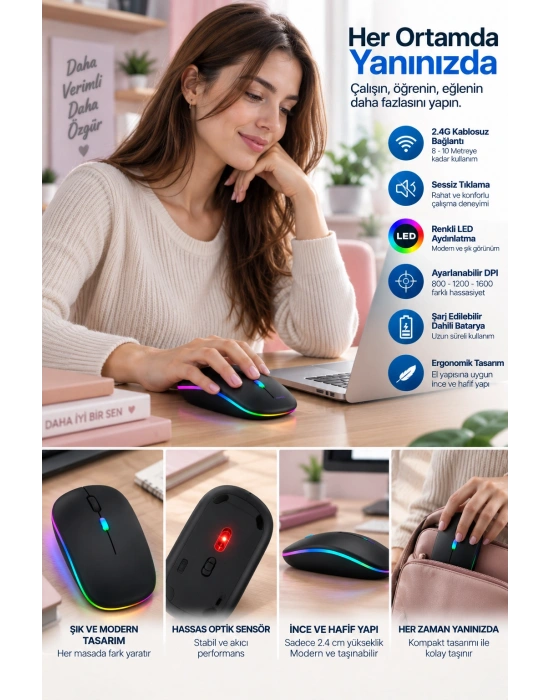 İnce Ergonomik Tasarım 2.4G Kablosuz LED Mouse