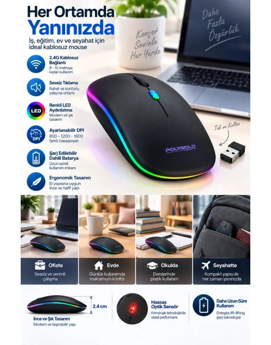 İnce Ergonomik Tasarım 2.4G Kablosuz LED Mouse