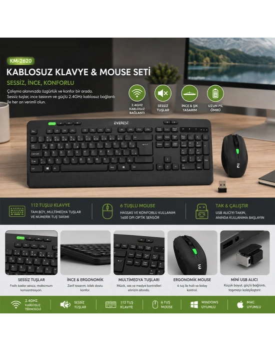 Kablosuz Klavye - Mouse Seti Siyah Usb - Sessiz - Switch Q Klavye KM-2620