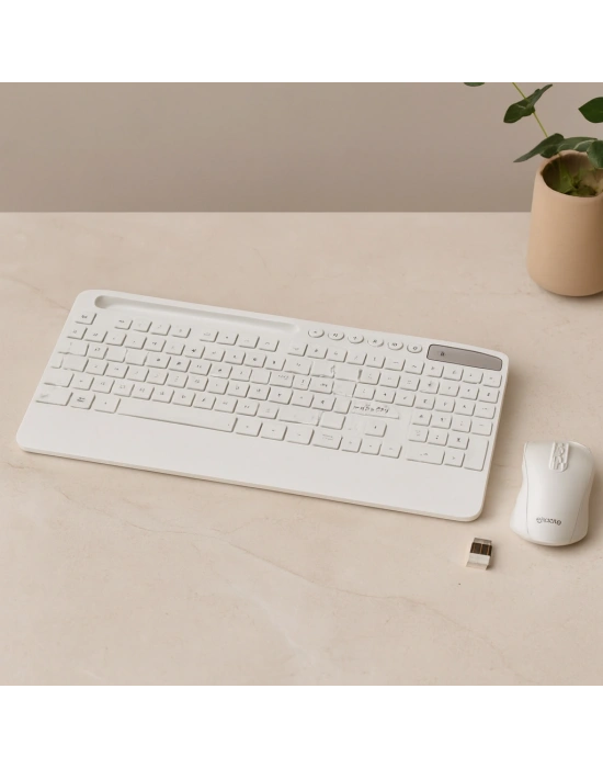 Kablosuz Klavye Mouse Seti - Tablet/Telefon Standlı - Beyaz - Q Klavye
