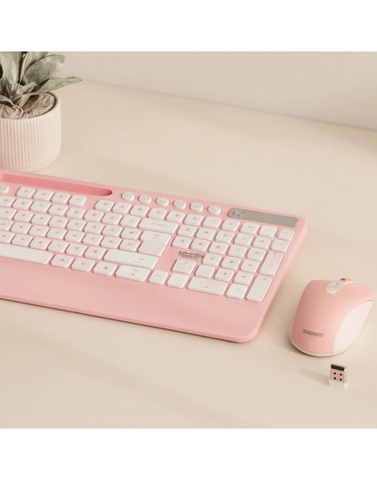 Kablosuz Klavye Mouse Seti - Telefon & Tablet Standlı (Beyaz/Pembe)