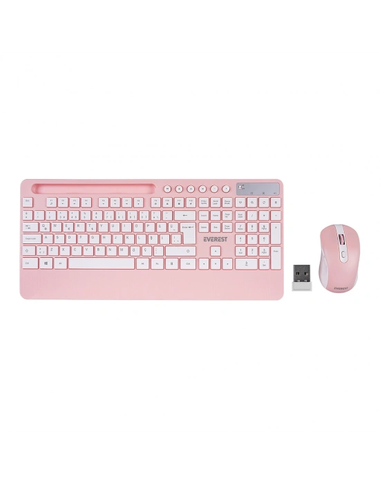 Kablosuz Klavye Mouse Seti - Telefon & Tablet Standlı (Beyaz/Pembe)
