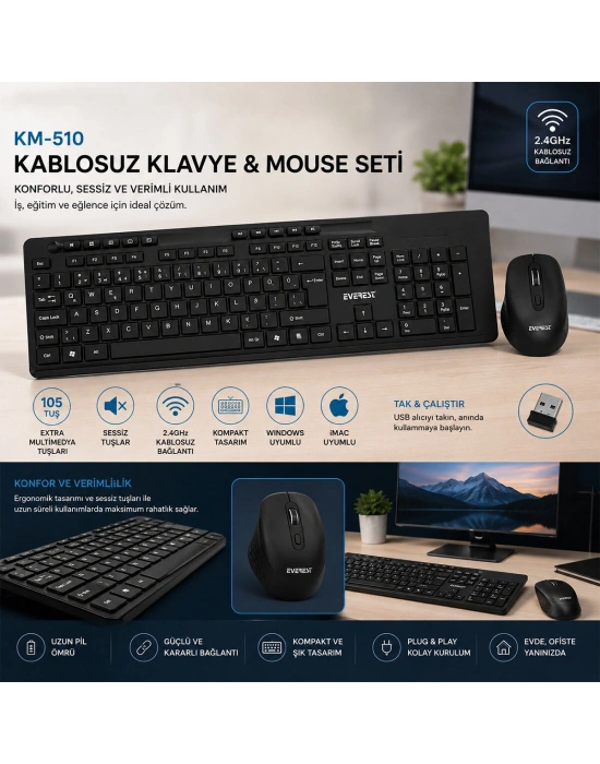 Kablosuz Multimedia Klavye - Mouse Seti Siyah Q Klavye KM-510