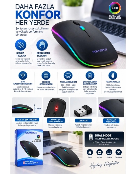 Kablosuz Şarjlı Sessiz Tıklamalı Ergonomik Mouse