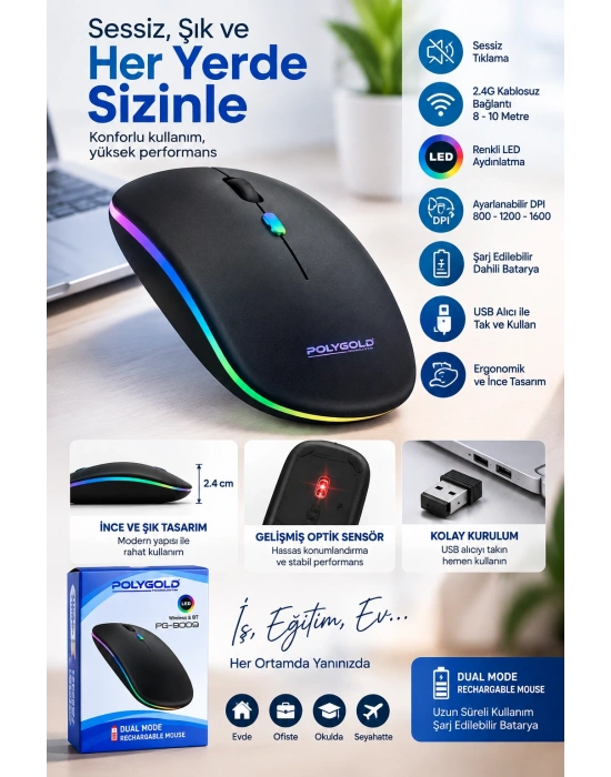 Kablosuz Şarjlı Sessiz Tıklamalı Ergonomik Mouse