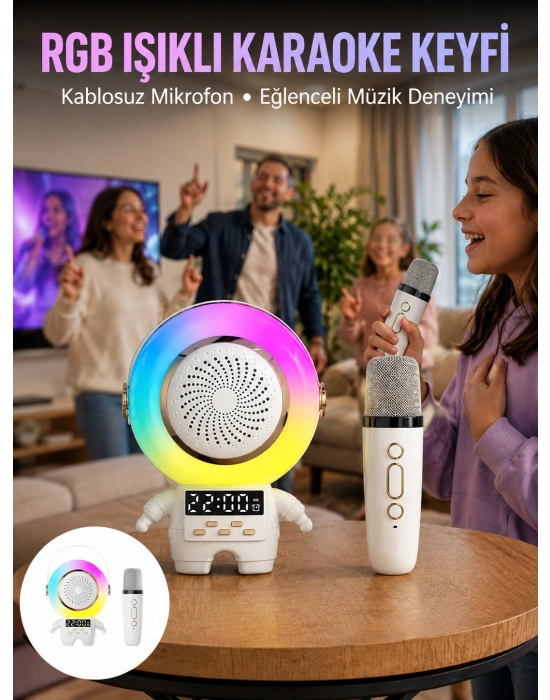 Karaoke Özellikli Astronot Bluetooth Hoparlör Kablosuz Mikrofonlu